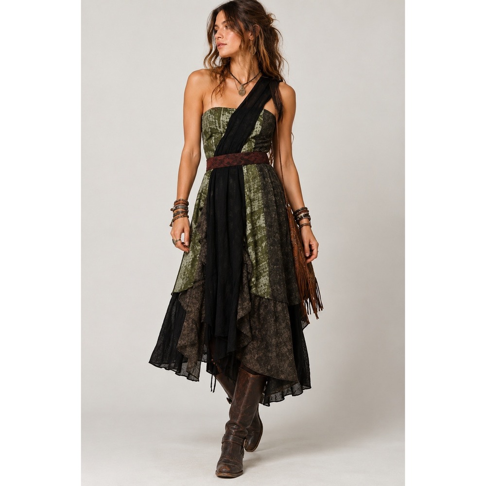 Free People One Shoulder Midi Dress 6 Black Boho Mixed Print Whimsigoth Fairy
